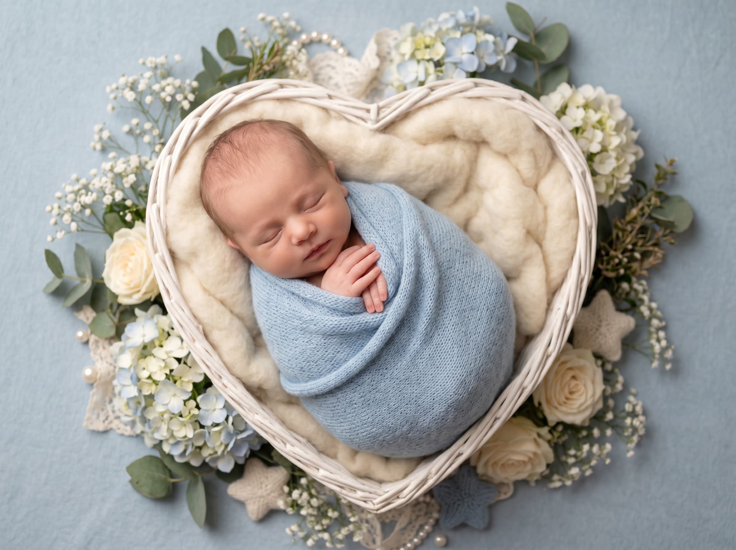 10-day-old newborn baby wrapped in soft blue fabric in a heart-shaped basket with floral styling