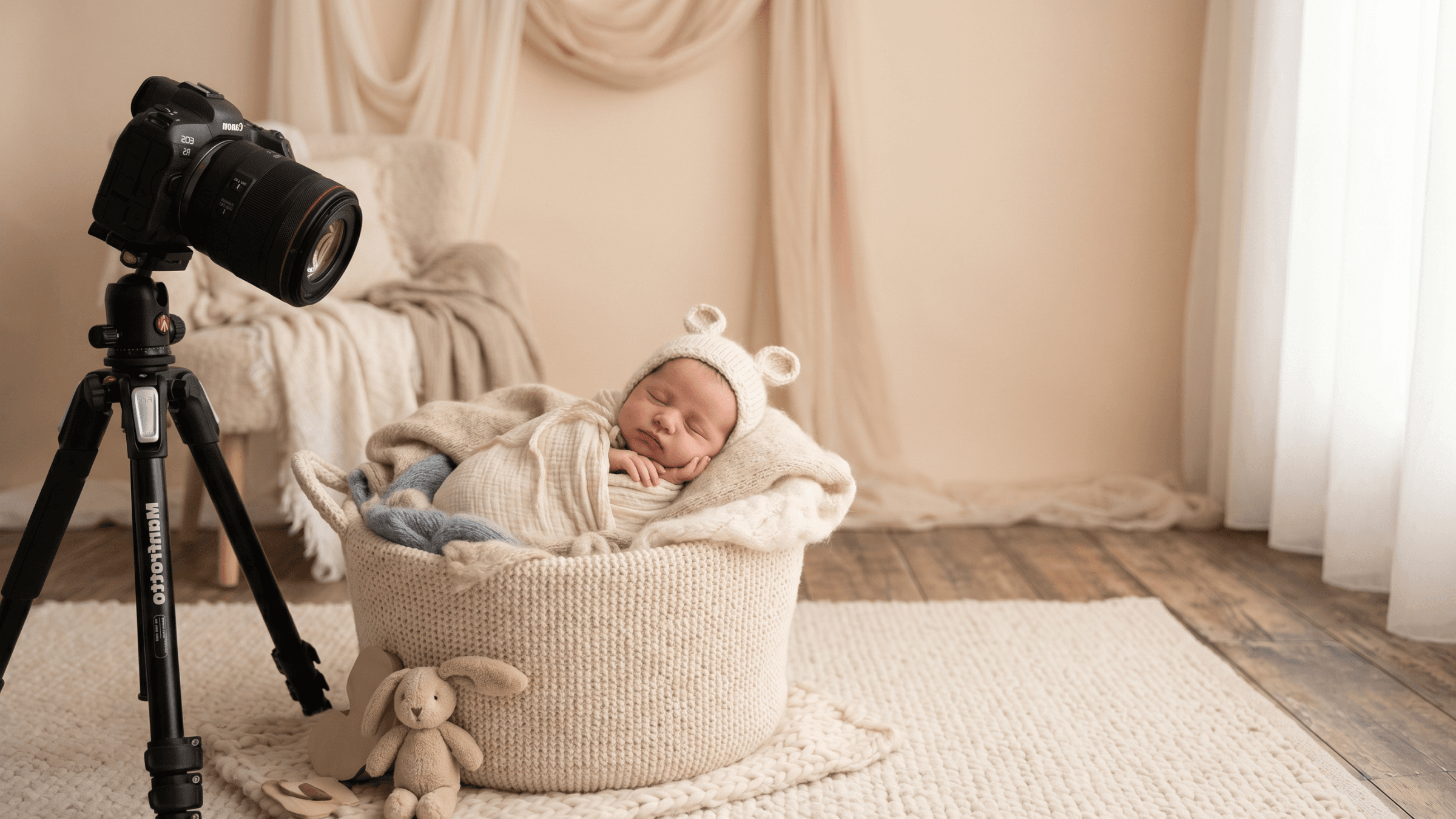 Sleeping newborn baby in a soft cream basket with a camera setup in the studio