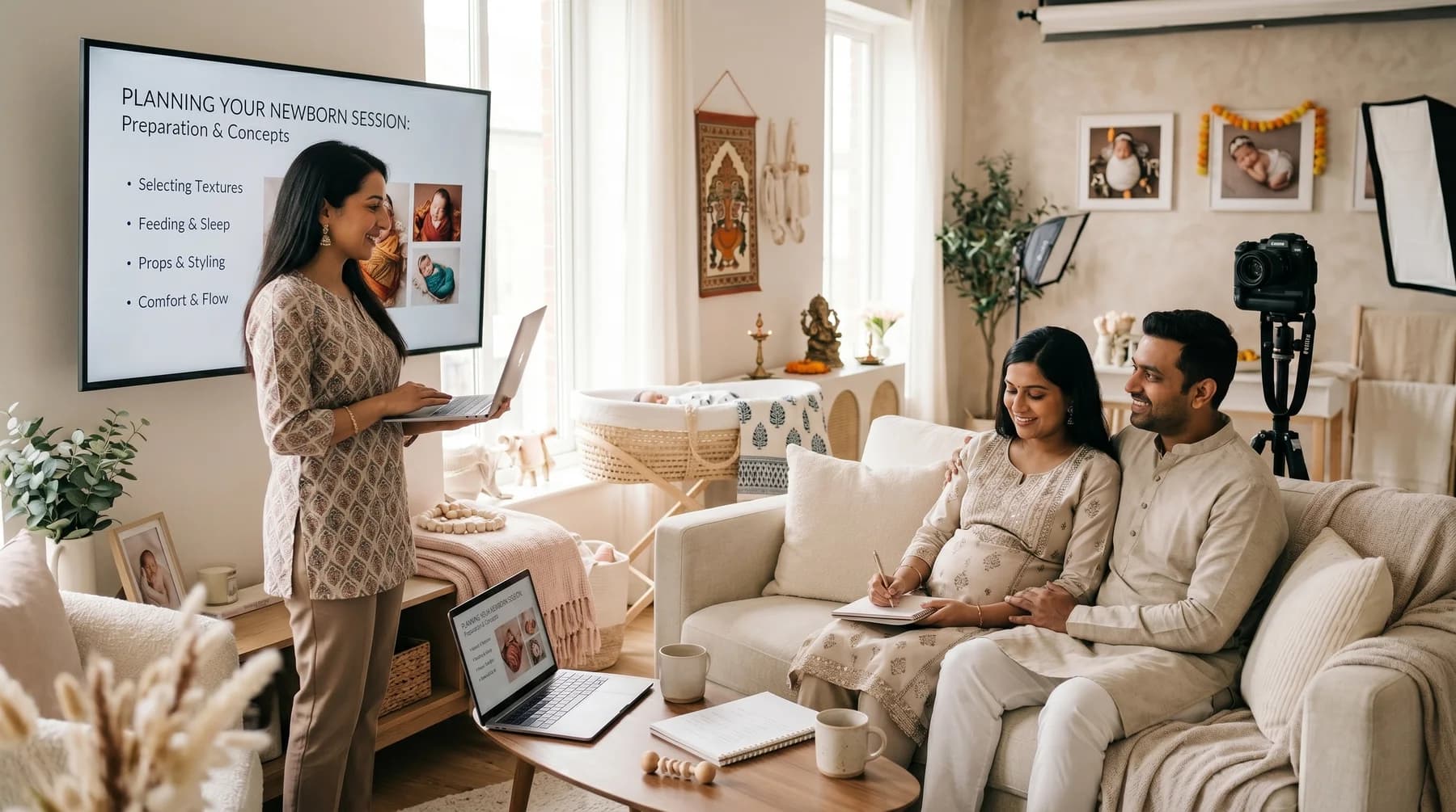 Parents attending a baby photoshoot planning presentation in a warm studio setting