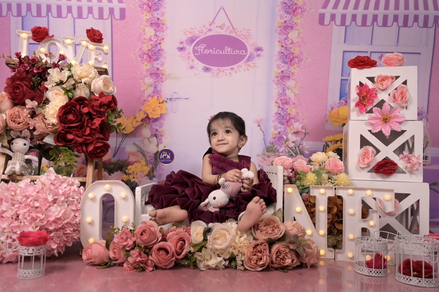Studio baby portrait with premium theme arrangement at IBS Baby Photoshoot studio in Karvenagar, Pune