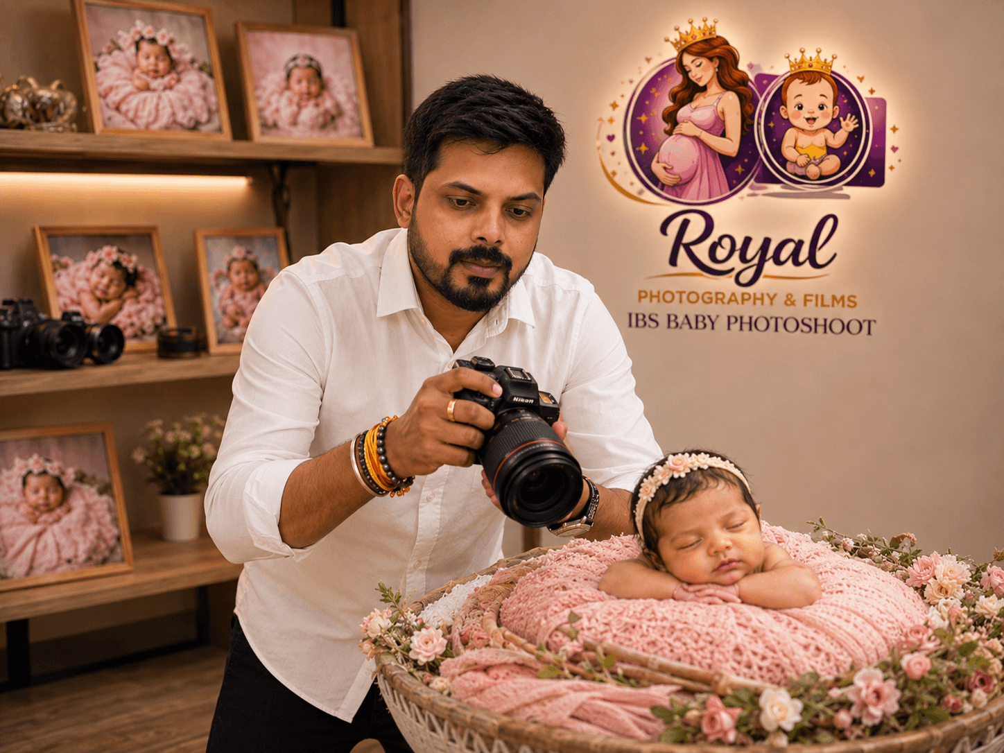 Photographer reviewing a baby photoshoot setup beside a sleeping baby in the studio